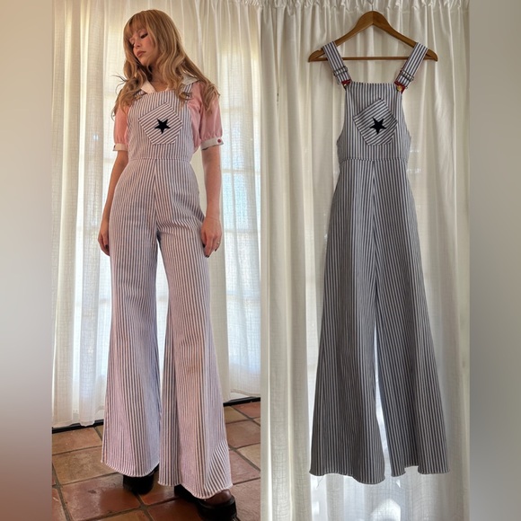 American Vintage Pants - 1970s striped superstar bell bottom overalls